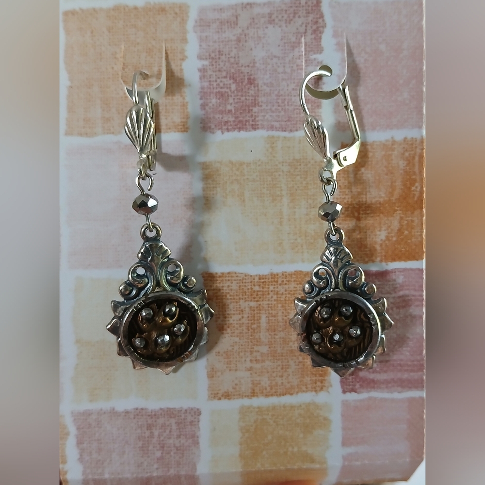 Antique Steel Cup Cut Steel Rivet Picture Button Earrings, Oxidized Silver